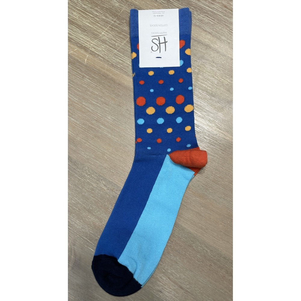 New Happy Socks Blue Orange Polka Dot Combed Cotton‎ Crew Socks Size 8–12